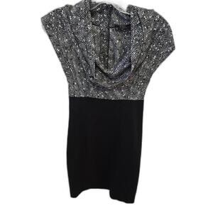 Guess Los‎ Angeles Blouson Fitted Dress 3 Cowl Neck Cap Sleeve Black White